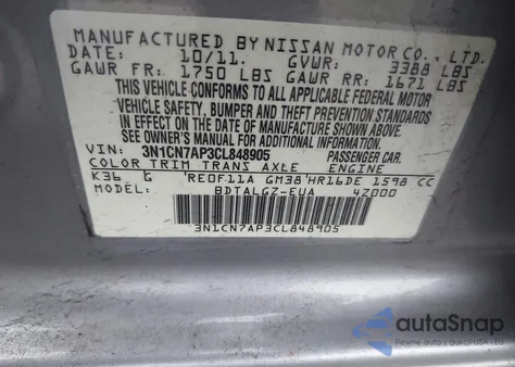 2012 Nissan Versa 1.6 Sl z USA, uszkodzony, nr VIN 3N1CN7AP3CL848905